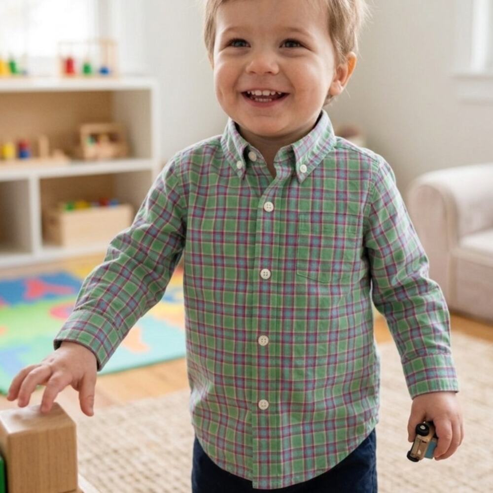 Janie & Jack Plaid Button Shirt Boys Size 18-24 Months Pistacchio Green Cotton